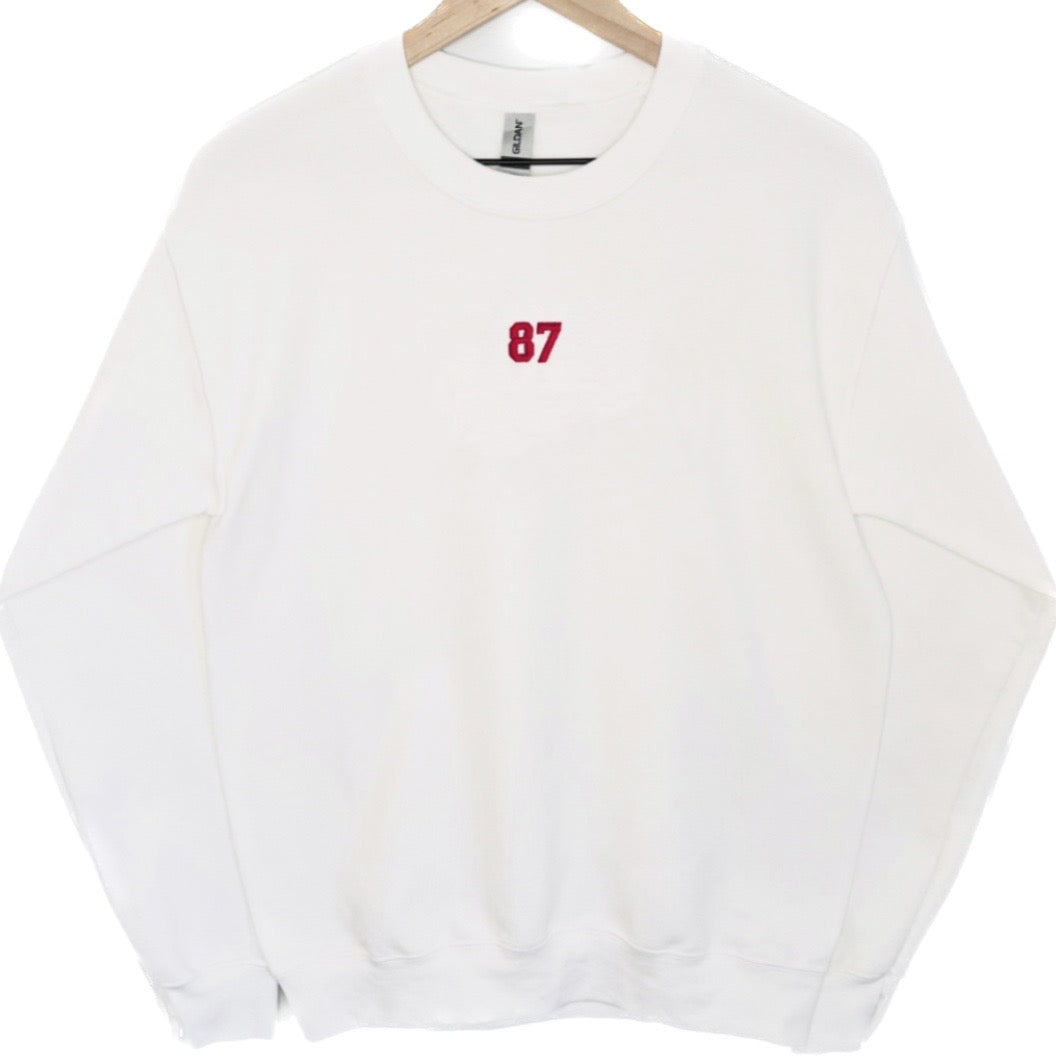 #87 Embroidered White Crewneck Sweatshirt
