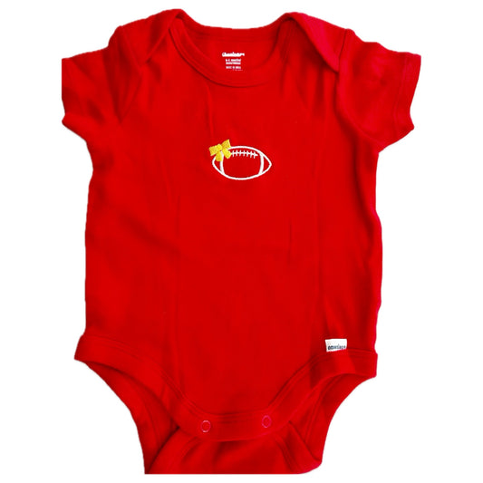 Football Bow Red Short Sleeve Baby Onesie